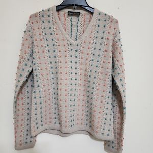 JAMES KENROB Sweater V-Neck Textured‎ Knit vintage 1970s by Dalton , sz 18, Tan